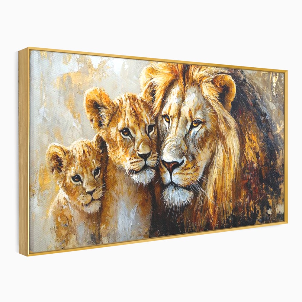 Tablou canvas cu tablou cu leu adult si doi pui, in rama de aluminiu auriu